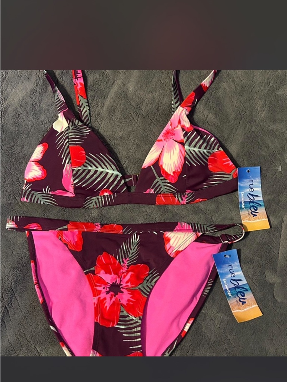 Rue21 Rue Bleu Two-Piece Bikini with Burgundy Floral Trim